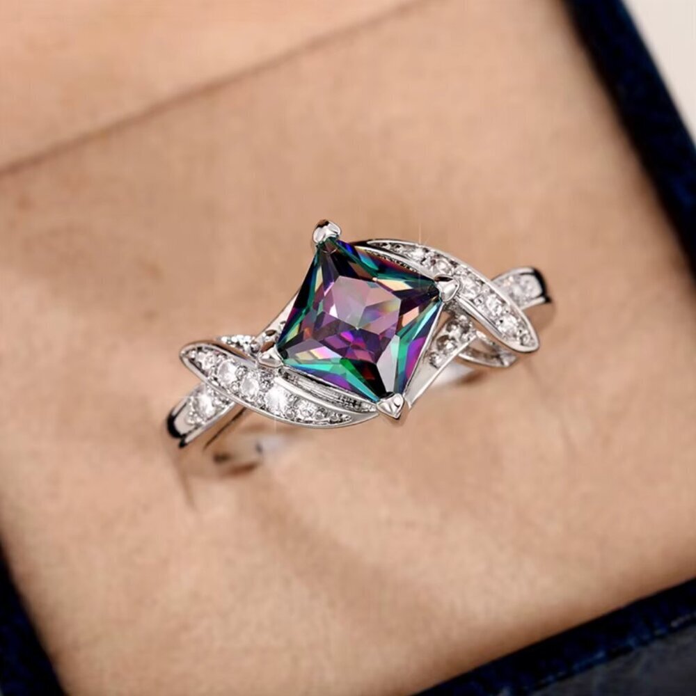 NEW 18k White Gold Mystic Topaz Diamond Ring Princess Cut Ring